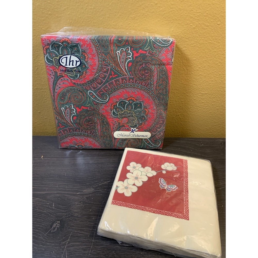 Vintage Hallmark Beverage Size‎ & IHR Lunch Napkins Floral Red Colorful Set